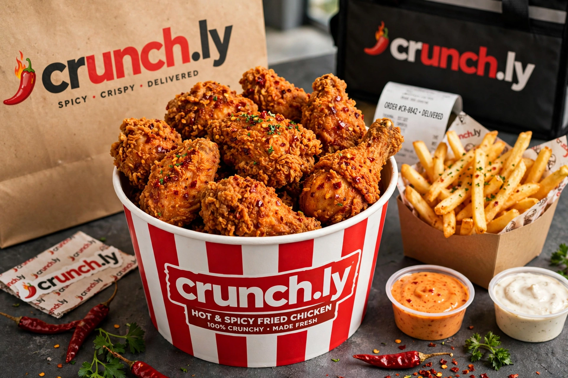 Crunch.ly branded packaging and spicy fried chicken